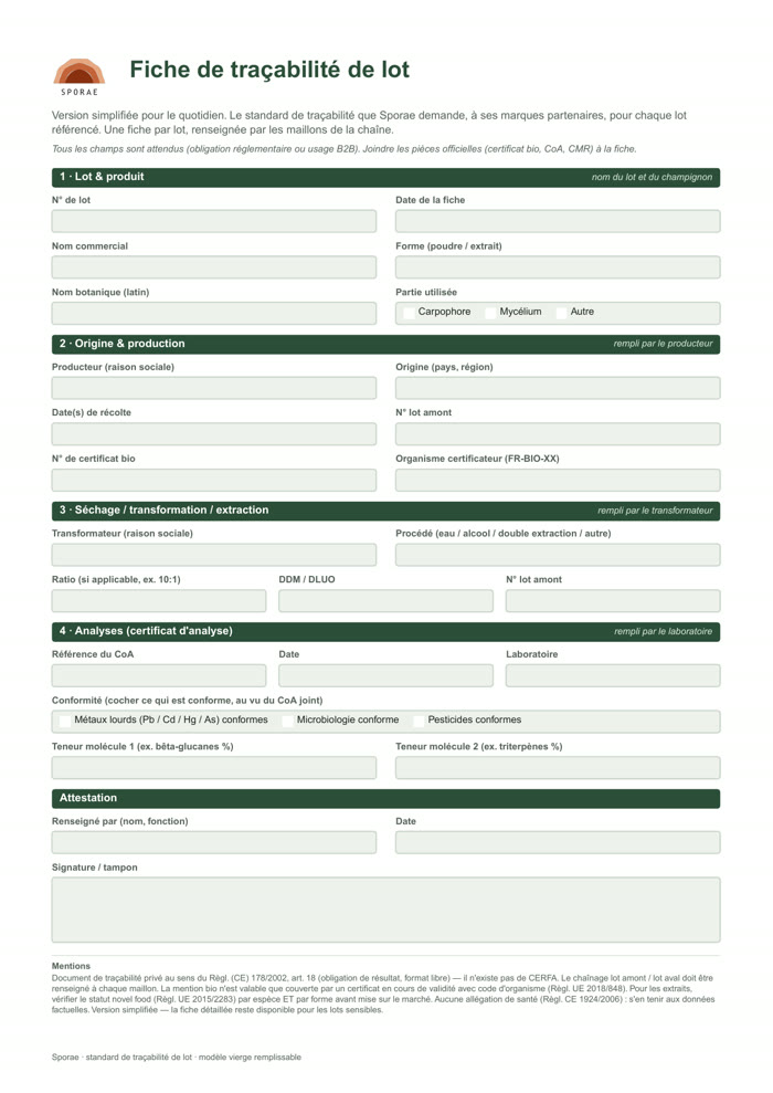 Aperçu de la fiche de traçabilité de lot — PDF vierge téléchargeable
